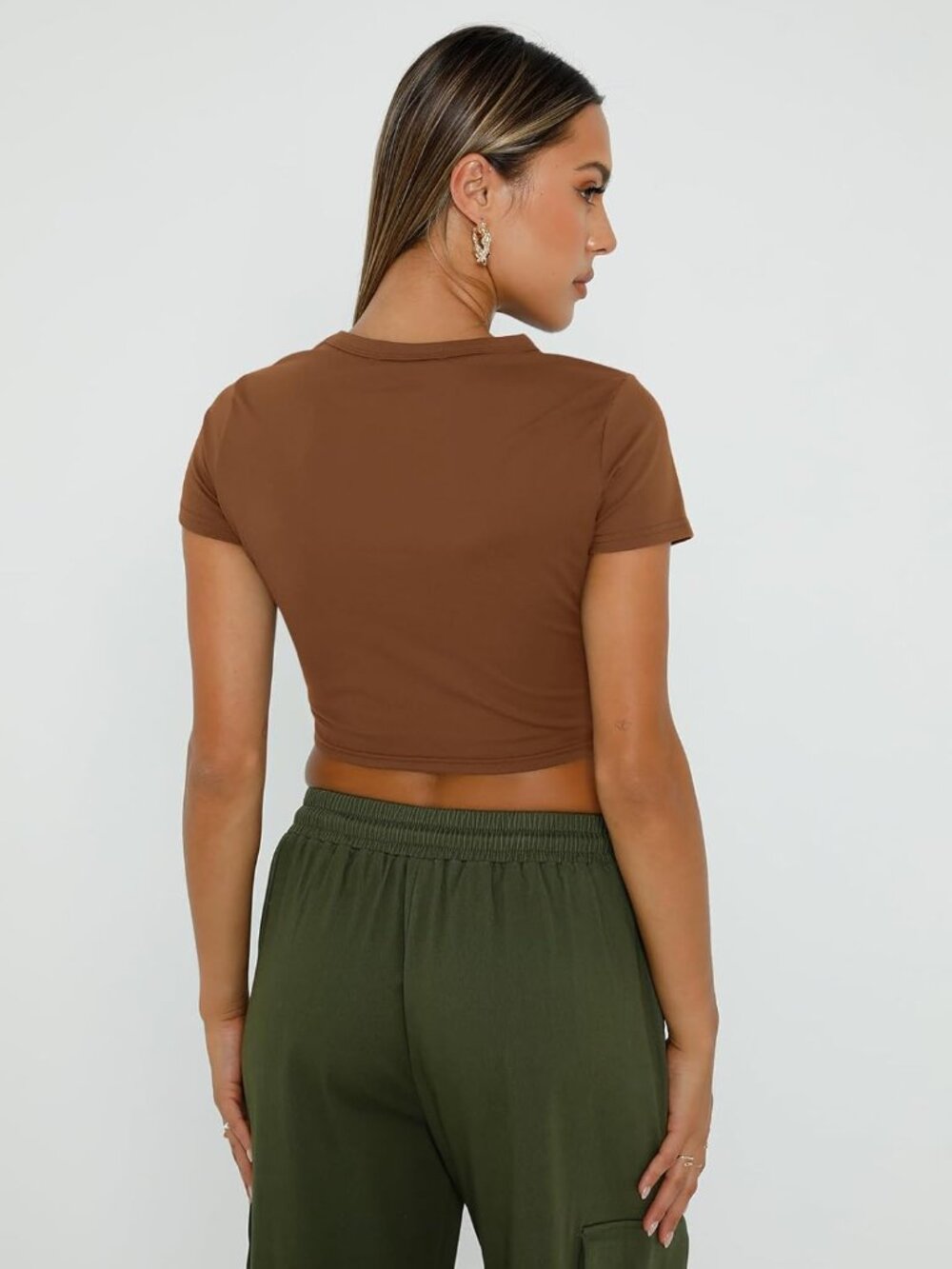 Women's Brown Crew Neck Basic Slim Fit Trendy Short Sleeve Crop Tops - Picture 5 of 5
